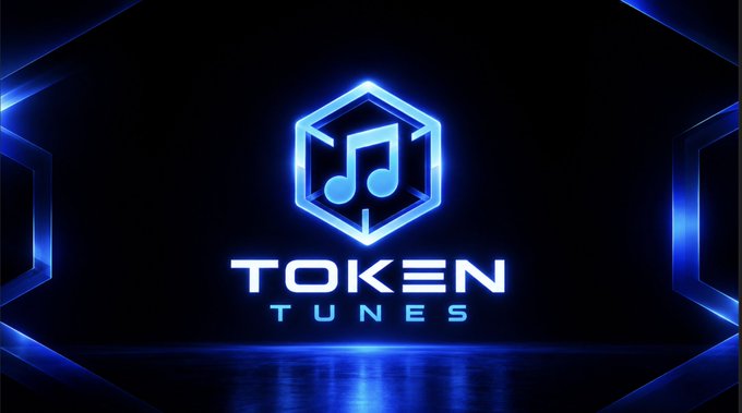 A logo design for "TOKEN TUNES" featuring a blue hexagonal emblem with a music note inside, displayed against a dark background with futuristic blue neon lighting and geometric panels.