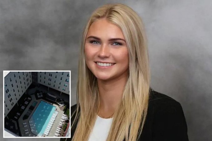 A blonde young woman smiling in a yearbook-style portrait, accompanied by an inset image of a hotel swimming pool surrounded by lounge chairs.