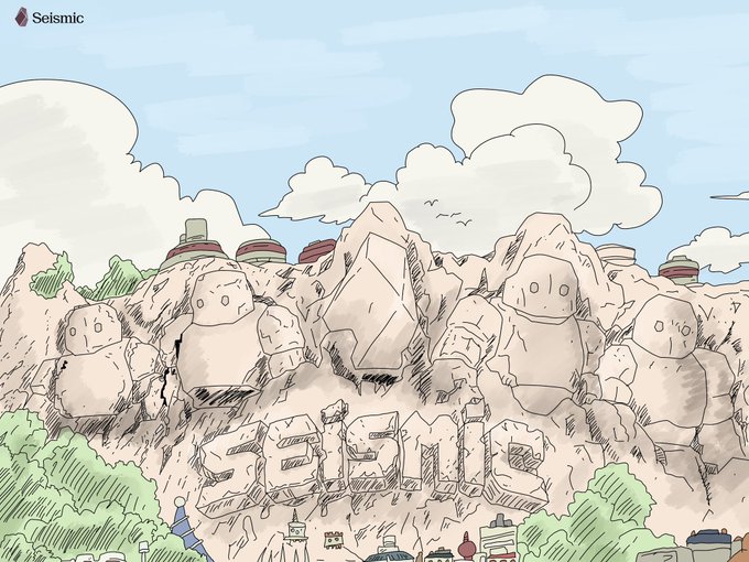 An illustrated Seismic branding image showing a mountain landscape with rocks carved into robot figures and the word 'seismic' spelled in stone.