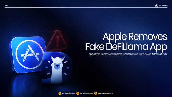 A news graphic from Crypto News with the headline 'Apple Removes Fake DeFiLlama App' and a warning triangle icon alongside an App Store logo and a llama mascot.