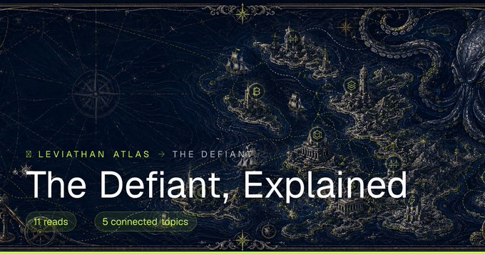 A dark-themed header graphic titled 'The Defiant, Explained' with the subtitle 'LEVIATHAN ATLAS → THE DEFIANT,' showing 11 reads and 5 connected topics against an illustrated fantasy map background.