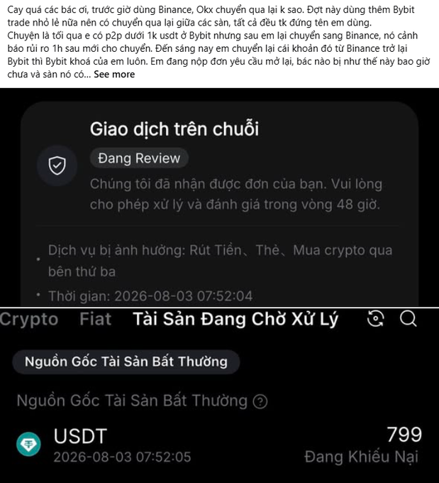 A complaint status screen in Vietnamese showing an issue regarding withdrawing funds, buying crypto via third parties, and an unusual asset source of 799 USDT, currently under review.