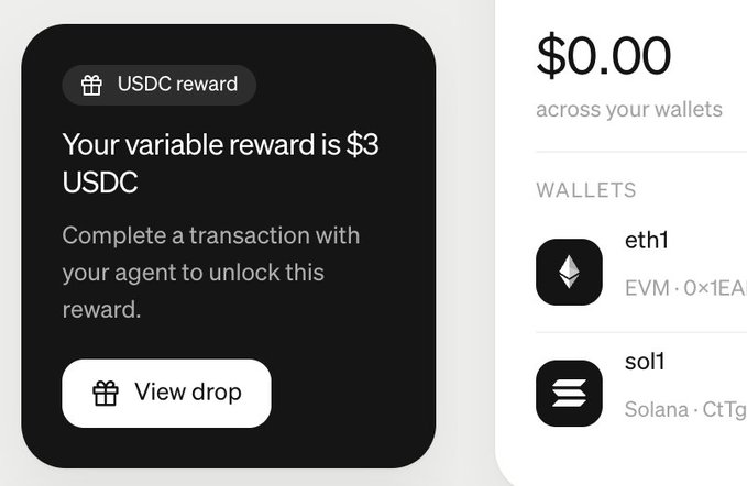 The image shows a Coinbase wallet interface displaying a "$3 USDC reward" notification on the left side with a "View drop" button, and a balance of "$0.00 across your wallets" on the right, listing an Ethereum wallet (eth1) and Solana wallet (sol1). This corresponds to the post's humor about earning only $3 USDC as a reward for sharing ChatGPT data—evidenced by the wallet's otherwise empty $0.00 balance alongside this small variable reward.