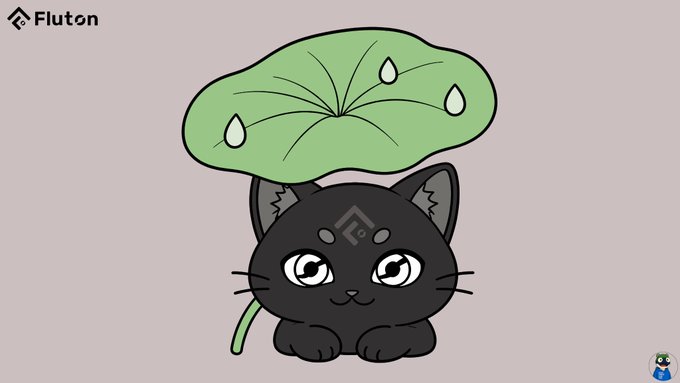 A cute chibi-style illustration features a small black kitten with large eyes sitting beneath a large green leaf with water droplets, with a 'Fluton' watermark in the corner.