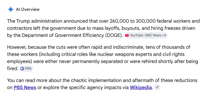 The image shows an AI Overview stating the Trump administration announced 260,000-300,000 federal workers and contractors left due to layoffs under the Department of Government Efficiency (DOGE). The post uses this information about the DOGE layoffs to criticize a perceived double standard regarding perceived incompetence.