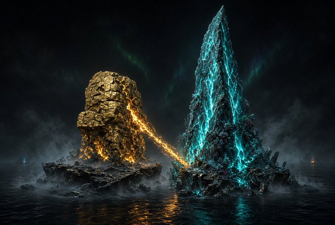 A fantasy artwork shows two massive elemental rocks—one molten and fiery orange, the other crystalline and glowing blue—connected by a stream of lava in a misty, dark seascape.