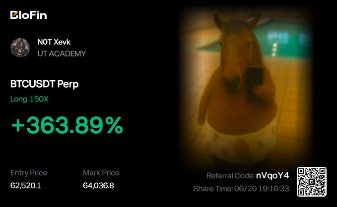 In a black background, there are two people's faces displayed - one person wearing a hat with "btc" written on it, which seems to be a reference to Bitcoin. The other person has an image of a horse with its head over a bowl of water. They both appear to have some involvement in the world of crypto-finance.
The post is about buying and selling Bitcoins. It says that the majority (67%) of the long position is being closed, while a small moon bag is on $BTC. This implies that the person who placed this order has sold their Bitcoins or is planning to do so. The image also includes a price tag for Bitcoin at $BTC, which is $466.89.