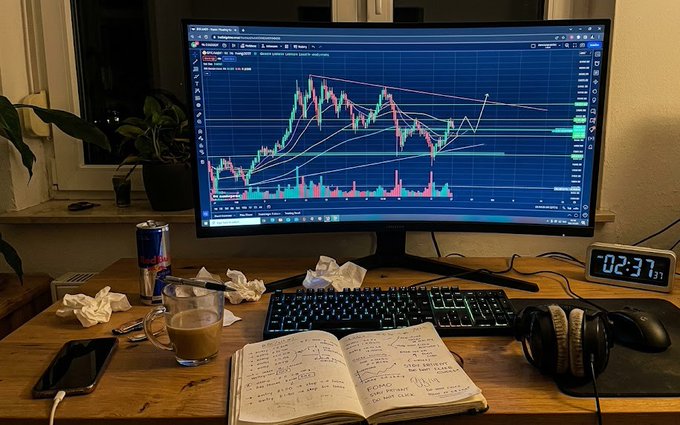 A trader's desk setup at 02:37 featuring a monitor displaying a candlestick chart with technical analysis lines, accompanied by an open notebook with handwritten notes, a keyboard, a coffee mug, crumpled tissues, an energy drink can, and headphones.