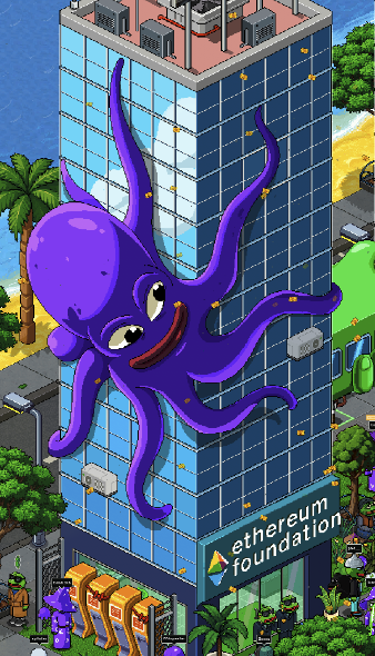 A cartoon illustration showing a large purple octopus climbing on an 'ethereum foundation' building, with smaller octopus figures at the base, parodying Ethereum branding.