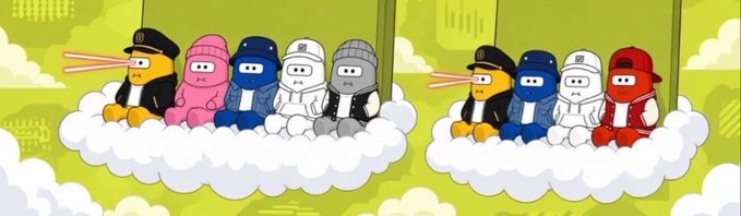 An animated illustration showing two groups of cartoon characters in beanies and jackets sitting on clouds, with one character shooting laser eyes.