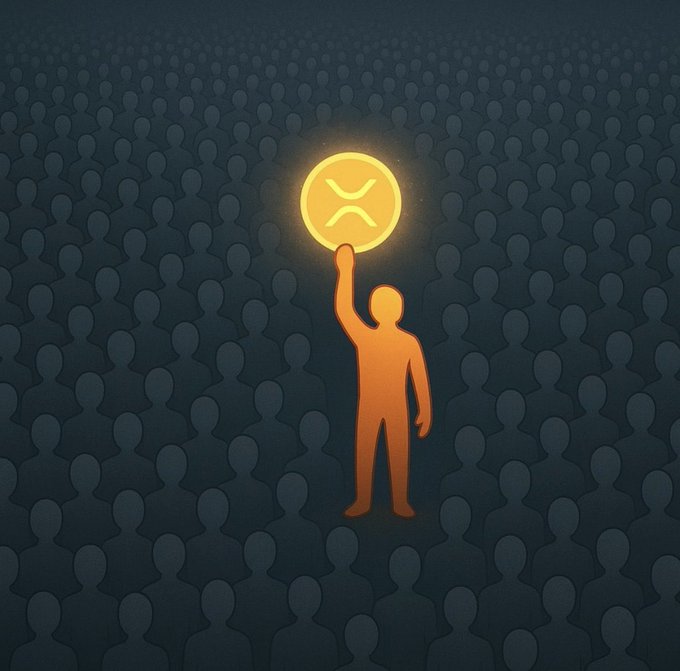 An illustration of an orange human figure standing among a crowd of dark silhouettes, holding up a glowing golden coin with the XRP cryptocurrency logo.