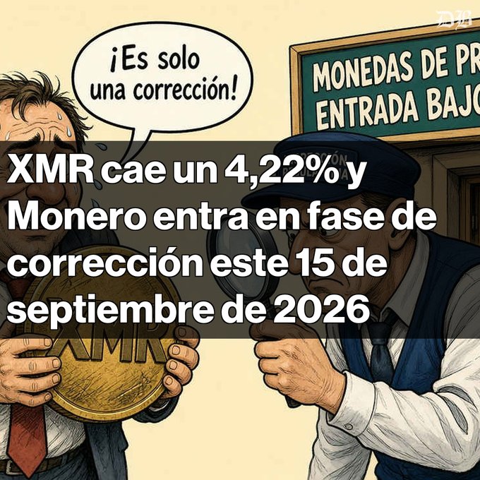 A cartoon illustration of two men examining a large gold XMR coin with a magnifying glass, overlaid with Spanish text about Monero dropping 4.22% on September 15, 2026.