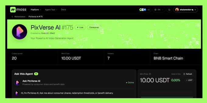 A webpage for 'PixVerse AI #175' on the Moss platform marketplace, showing it as an AI Video Generation Agent on BNB Smart Chain with a mint price of 10.00 USDT.