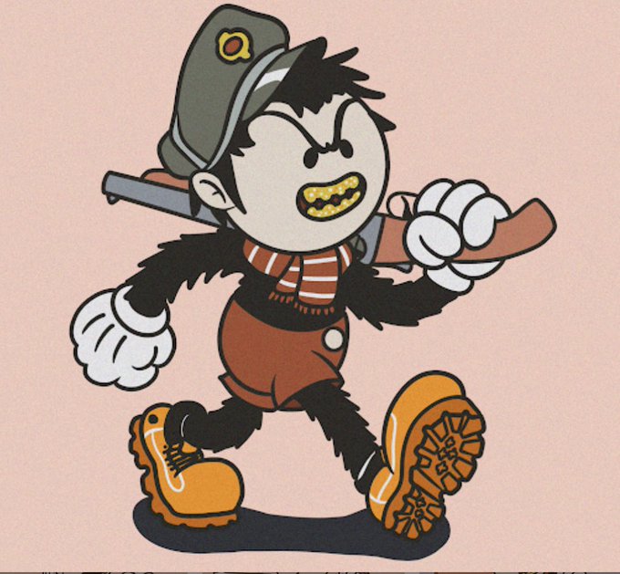 A cartoon character with a sharp-toothed grin, wearing a backwards cap, striped scarf, shorts, and Timberland-style boots, also carrying a rifle over his shoulder.