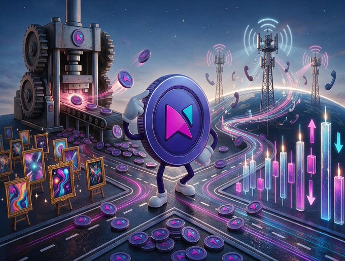 A vibrant digital artwork featuring an anthropomorphic purple token with a play button logo, surrounded by industrial machinery, cellular towers, and floating tokens in a futuristic cityscape.