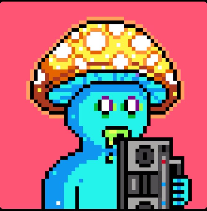 A pixel art illustration of a blue-skinned character with a large mushroom cap on its head, drooling slightly while holding what appears to be a camera or device against a bright pink background.
