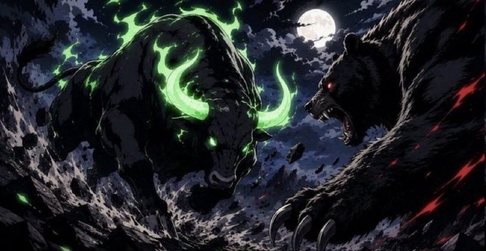 A dramatic illustration shows a massive black bull with glowing green horns and eyes charging at a snarling black bear with glowing red eyes under a full moon.