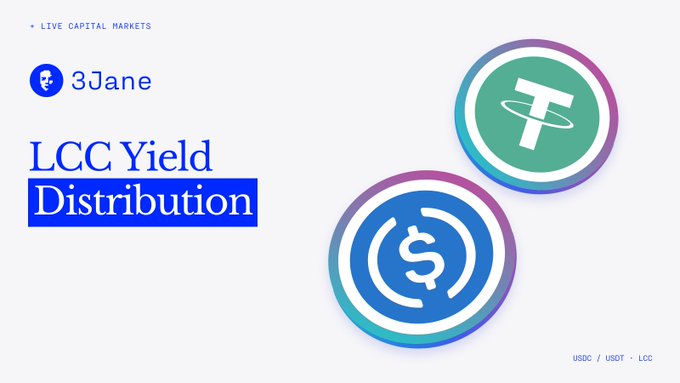 The image is a promotional graphic from LYVE Capital Markets featuring the "3Jane LCC Yield Distribution" announcement, displaying USDC and USDT token logos in colorful circular icons alongside the headline text. The graphic visually represents the first weekly promise fee distribution in USDC to LCC stakers, highlighting the competitive yields offered on both USDC (20.51% APY) and USDT (20.29% APY) pools.