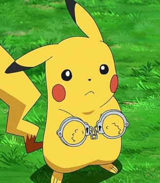 A Pikachu Pokémon card with cracked, counterfeit-looking stickers labeled "PIKACHU" is shown, illustrating the scam where a man allegedly used fake cryptocurrency to steal this rare card listed for $24,200 on Facebook Marketplace during a sale at a police department.