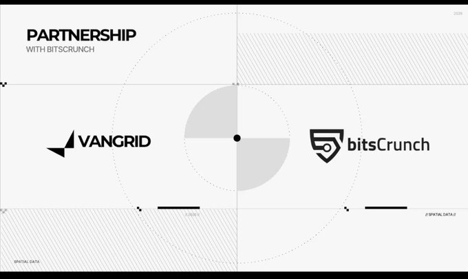 A digital graphic announces a 'PARTNERSHIP WITH BITSCRUNCH,' featuring the logos for VANGRID on the left and bitsCrunch on the right against a white and gray geometric background.