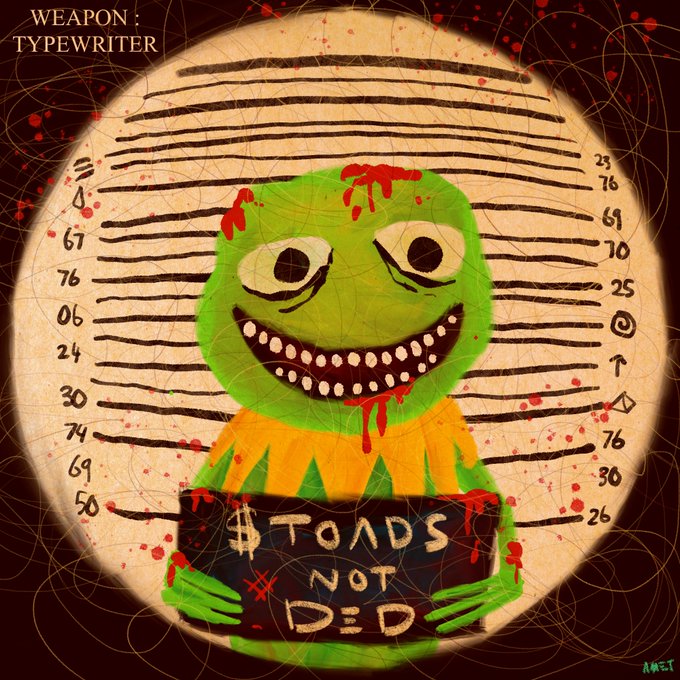A dark, unsettling illustration depicts a green, grinning creature holding a sign reading '$ TOADS NOT D -d', set against a fingerprint-style background with the text 'WEAPON: TYPEWRITER' in the top left corner.