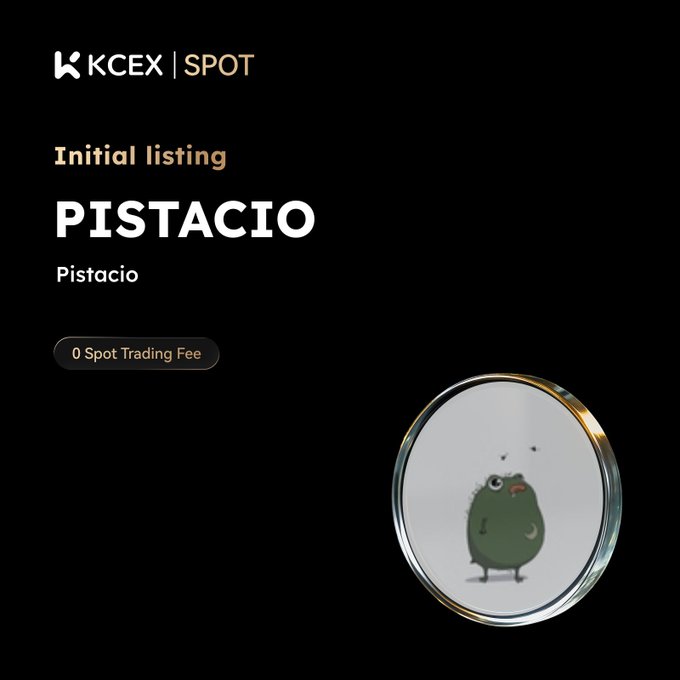 A promotional graphic with a black background displaying 'KCEX | SPOT Initial listing PISTACIO' and '0 Spot Trading Fee' next to a green pistachio cartoon mascot.