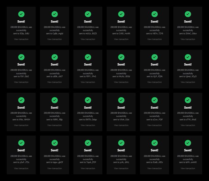 A screenshot showing a grid of 24 transaction confirmation cards, each displaying "Sent! 200,000 $NUKEBULL was successfully sent to" various Solana wallet addresses (including SQN, ggdJ, BCtS, HaW4, TcY6, Z0az, dbS7, FPeV, 6Ufo, yULz, JGyD, KNsL, J6yc, Ddpo, 32zr, xCcw, JMeE, JThs, J7Dx, To4x, xPnL, JDbQ, and bPtH), with a "View transaction" link below each. The image serves as visual proof for the @katecoinonsol #SolanaAirdrop promotion, demonstrating that 200,000 $NUKEBULL tokens have been distributed to 24 different $SOL wallet addresses as part of the giveaway.