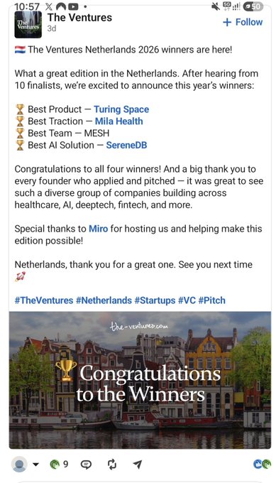 A screenshot of a social media post from 'The Ventures' announcing their Netherlands 2026 winners, listing 'Turing Space' (Best Product), 'Mila Health' (Best Traction), 'MESH' (Best Team), and 'SereneDB' (Best AI Solution), with a 'Congratulations to the Winners' graphic.