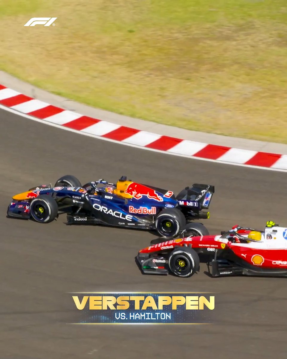 Max Verstappen's Red Bull (Oracle) overtakes Lewis Hamilton's Ferrari through a corner, with the graphic "VERSTAPPEN VS. HAMILTON" highlighting the iconic Bold Move from the Hungarian GP.