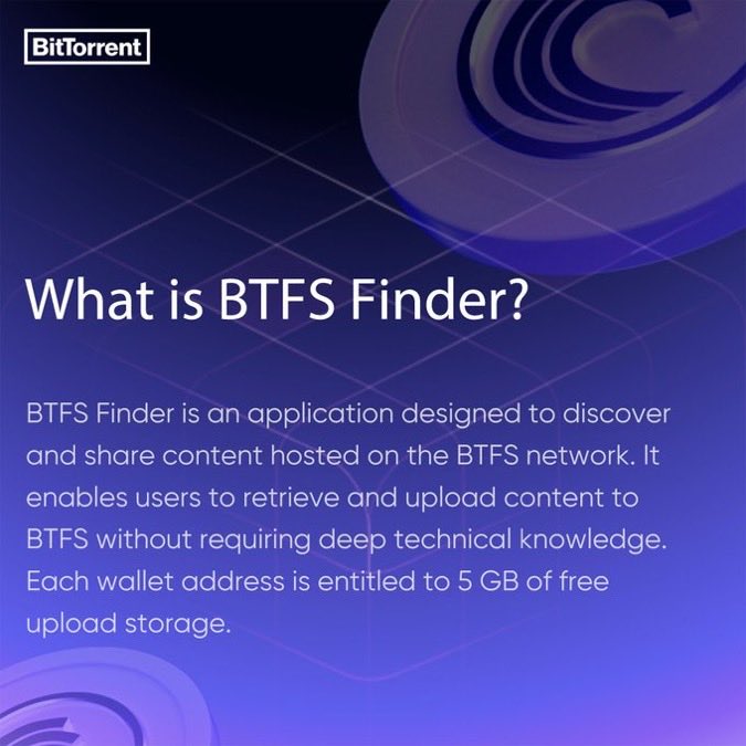 An informational graphic titled "What is BTFS Finder?" explains that it is an application for discovering and sharing content on the BTFS network, offering 5 GB of free upload storage per wallet address.