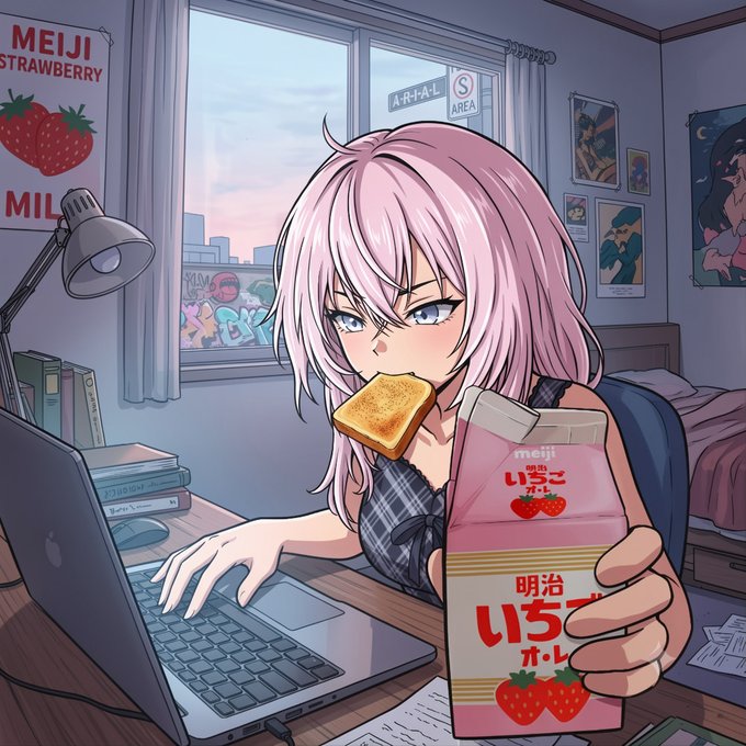 An anime-style illustration shows a pink-haired girl sitting at a desk with a laptop, eating toast and holding a carton of Meiji strawberry milk, with posters visible on the walls.