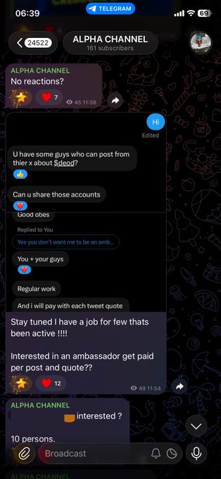 Telegram screenshot of the "Alpha Channel" (161 subscribers) showing the admin offering paid ambassador/posting work for &debt, noting 10 persons showed interest with 12 reactions (49 11:54 timestamp). The image directly supports the caption by visually confirming the ambassador job opportunity being advertised to community members on the @ejalpha Telegram channel.