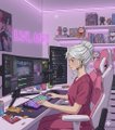 A pink-hued, anime-style illustration shows a young person sitting at a dual-monitor computer setup in a cozy streaming room with "ChaiTea" displayed on a wall sign, likely depicting a content creator celebrating a four-figure mints milestone.