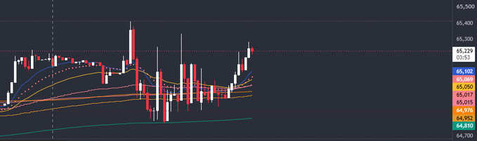 A financial candlestick chart with moving averages, showing a price range from approximately 64,810 to 65,300 on a dark background.