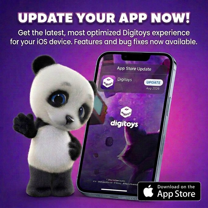 A cheerful cartoon panda mascot stands beside a smartphone displaying an App Store Update notification for "Digitoys" (Aug 2026), with bold text reading "UPDATE YOUR APP NOW!" promoting the latest iOS features and bug fixes, visually reinforcing the call for users to download the optimized app ahead of the new Quirkies drop.
