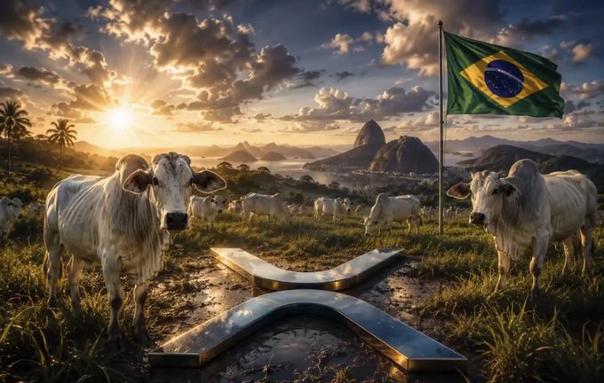A scenic Brazilian landscape featuring the X symbol in the foreground, two white cows, a waving Brazilian flag, and Sugarloaf Mountain visible in the background at sunset.