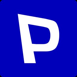 A solid blue square displaying a large, bold white letter "P" in the center.