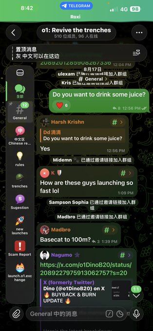 The image shows a Telegram group chat titled "01: Revive the trenches" (510 members, 96 online) where user "ulexam" asks "Do you want to drink some juice?" with a strawberry emoji—a message mirrored in the main chat feed by "Harsh Krishn" and "Nagumo" via a Twitter/X post linking to base.app, connecting to the post's invitation to drink juice and discover more runners on Base.
