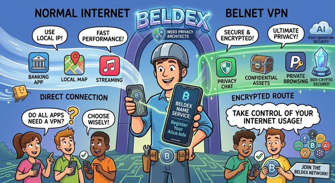 A cartoon-style promotional illustration for "BELDEX" and "BELNET VPN" comparing "Normal Internet" usage (banking apps, local maps, streaming) with encrypted VPN features like private chat, confidential assets, and private browsing.