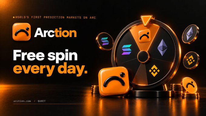 An advertisement for 'Arction' promotes 'Free spin every day' for the 'WORLD'S FIRST PREDICTION MARKETS ON ARC', featuring a spinning wheel and cryptocurrency-themed coins.