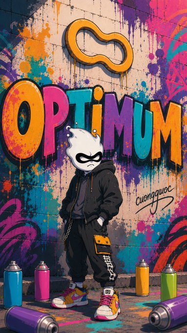 Street art on a wall features the word 'OPTIMUM' in bold, colorful graffiti letters with a character wearing a white mask and black hoodie standing in front, surrounded by scattered spray paint cans.