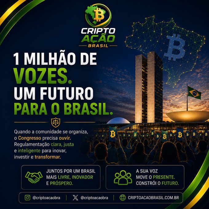 A promotional poster for 'CRIPTO AÇÃO BRASIL' featuring a crowd holding Bitcoin signs in front of the National Congress building in Brasília, with the text '1 MILHÃO DE VOZES. UM FUTURO PARA O BRASIL.'