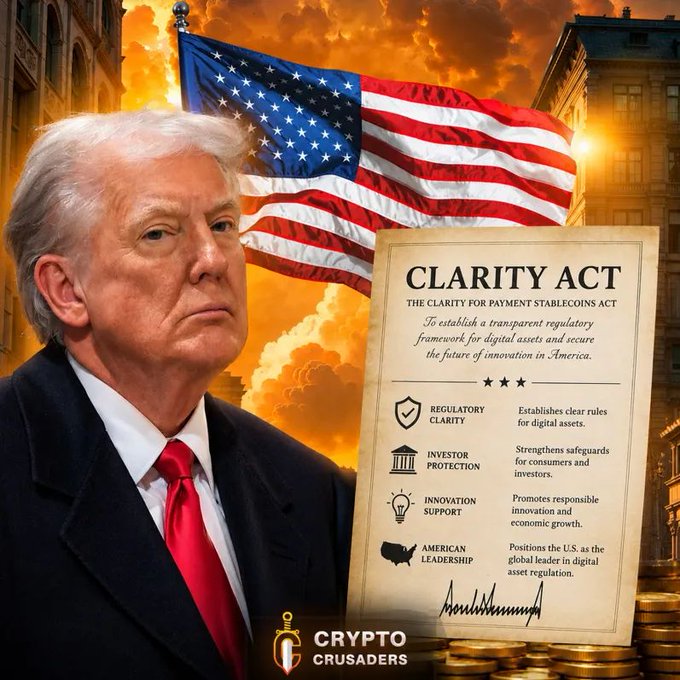 The image features a man dressed in a suit, standing next to an American flag with the words "Clarity Act" written on a piece of paper. The text also mentions Bitcoin and cryptocurrency, which suggests that the man might be discussing or promoting these digital assets. The phrase "BOOOOOOOOOOOMMMM!!! PRESIDENT TRUMP SAID I PROMISED TO MAKE AMERICA THE CRYPTO SUPERPOWER OF THE WORLD AND THE CRYPTOCURRENCY CAPITAL OF THE PLANET." implies a connection between the man's suit, Bitcoin, and the clarity of his intentions.

The image also includes a few coins scattered around the scene, which could be related to Bitcoin or cryptocurrency. The presence of these coins might indicate that the man is discussing or promoting digital assets in this context.