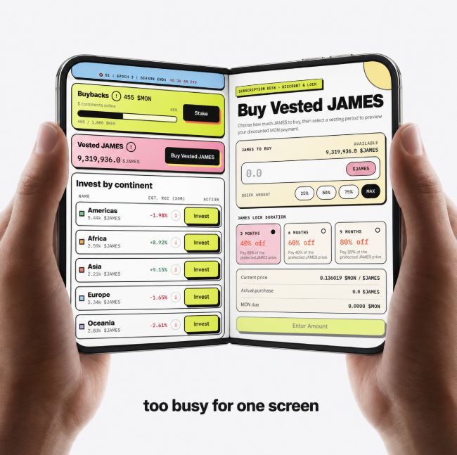 A foldable smartphone held in two hands displaying a vibrant crypto investment interface with sections for 'Buybacks', 'Vested JAMES', and 'Invest by continent' showing regions like Americas, Africa, Asia, Europe, and Oceania; the caption reads 'too busy for one screen'.