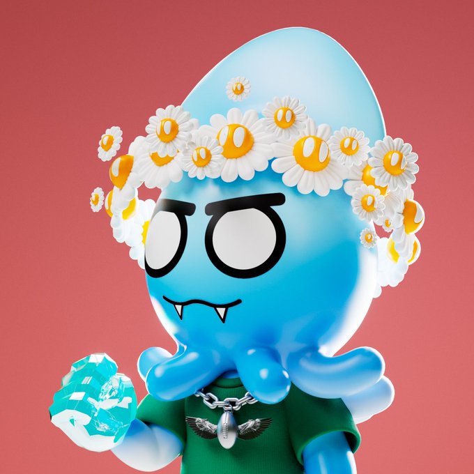 A 3D rendered cartoon character resembling a blue octopus with a daisy flower crown, wearing a green shirt with a winged-bullet pendant and holding a glowing cyan crystal.