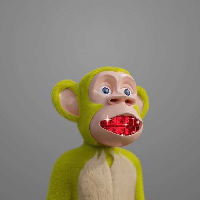 A 3D rendered green monkey character with a wide, shiny red mouth full of teeth against a gray background.