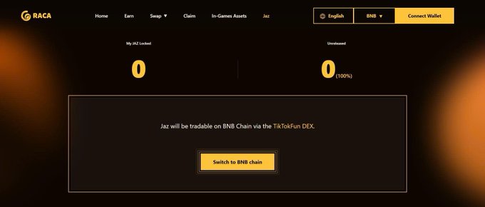 A screenshot of the RACA website's "Jaz" page displays a locked Jaz balance of 0 (100% Unreleased) and a message stating, "Jaz will be tradable on BNB Chain via the TikTokFun DEX," with a "Switch to BNB chain" button, directly supporting the post's claim about JAZ trading on BNB Chain through TikTokFun.