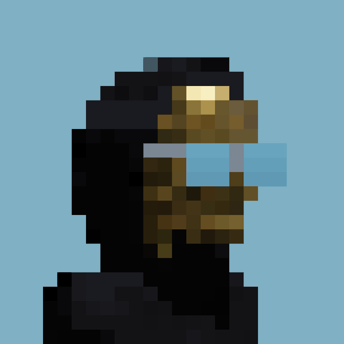 A low-resolution pixel art image of a figure's head wearing VR-style glasses against a solid blue background.