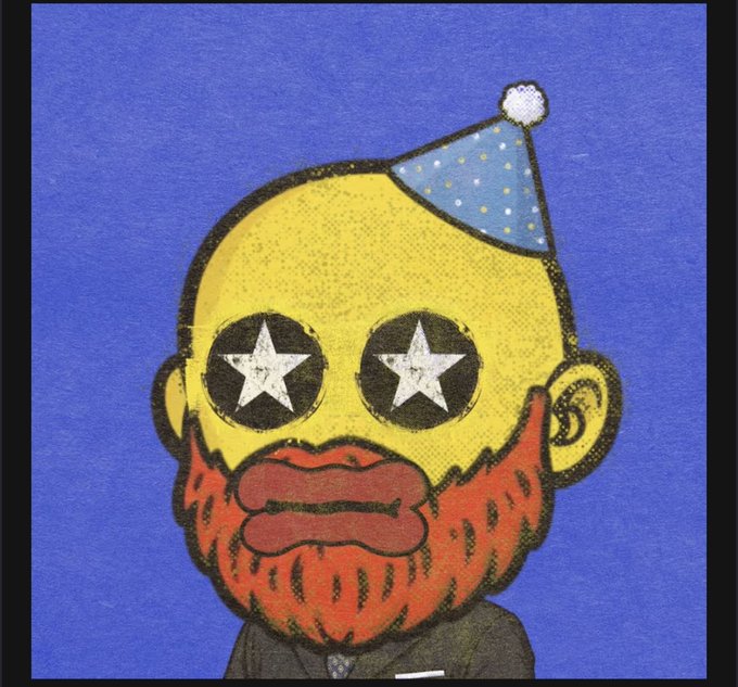 A pop-art style portrait of a yellow-skinned, bald man with a red beard, starry eyes, and a small blue party hat against a blue background.