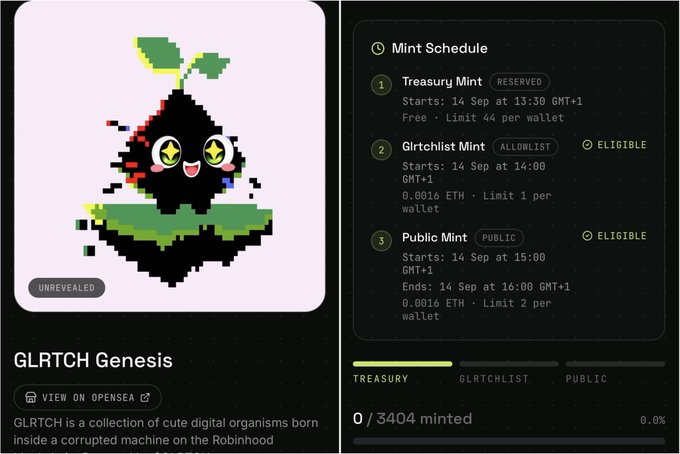 A digital collectible minting page titled 'GLRTCH Genesis' showing a pixelated black creature with yellow eyes, alongside a 'Mint Schedule' detailing 'Treasury Mint', 'Glrtchlist Mint', and 'Public Mint' times and prices.